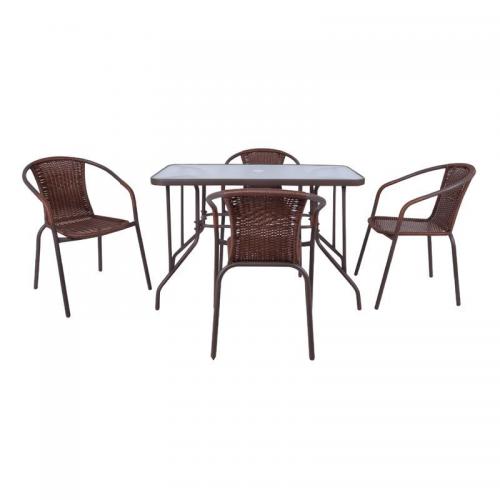 BALENO Set Τραπεζαρία Κήπου : Τραπέζι + 4 Πολυθρόνες Μέταλλο Καφέ - Wicker Brown