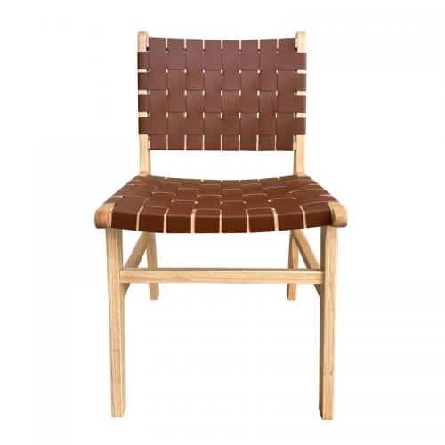 DUNE Καρέκλα Τραπεζαρίας, Ξύλο Απόχρωση Φυσικό, Κάθισμα-Πλάτη Ιμάντες Pu Καφέ