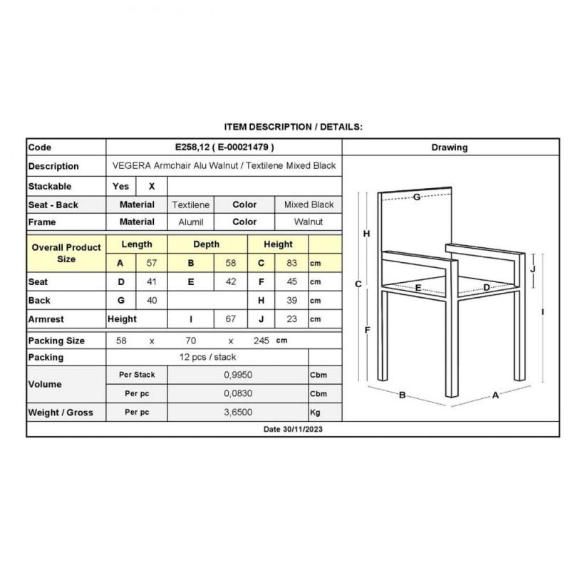 VEGERA Πολυθρόνα Dining Αλουμίνιο Βαφή Καρυδί Textilene Μαύρο, Στοιβαζόμενη