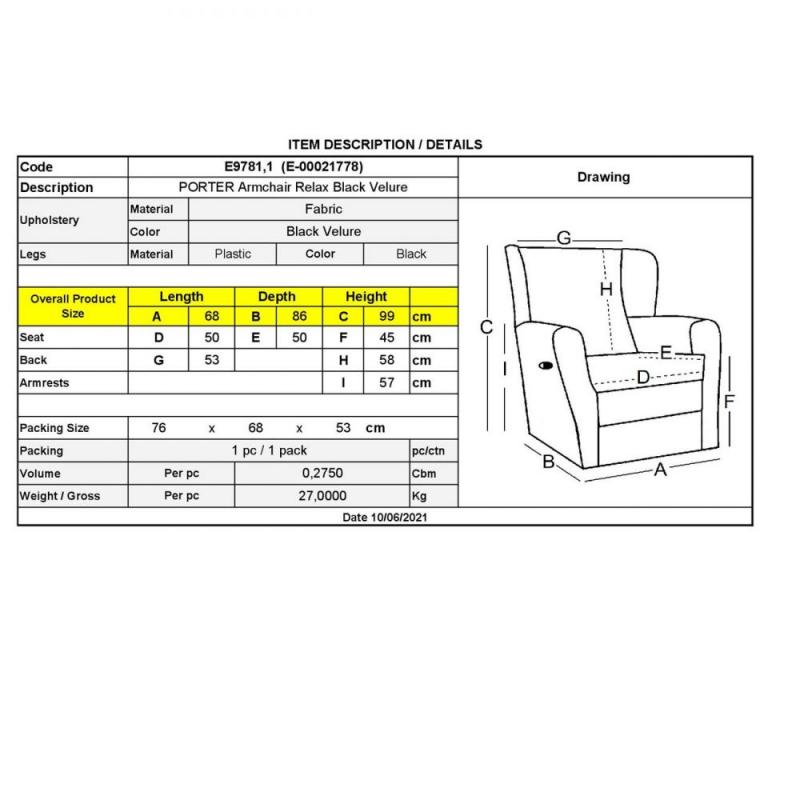 PORTER Πολυθρόνα Relax Σαλονιού - Καθιστικού Μαύρο Velure PORTER Πολυθρόνα Relax Σαλονιού - Καθιστικού Μαύρο Velure