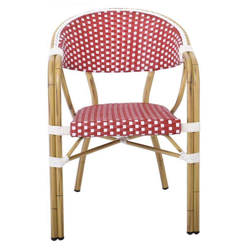 PARIS Πολυθρόνα Bistro Αλουμίνιο Φυσικό, Wicker Άσπρο - Κόκκινο, Στοιβαζόμενη