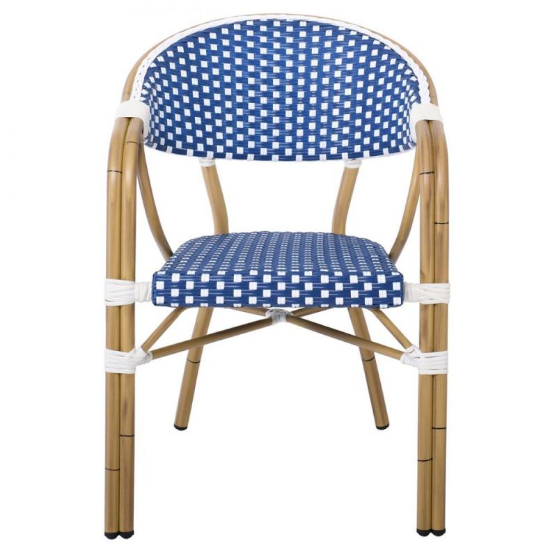 PARIS Πολυθρόνα Bistro Αλουμίνιο Φυσικό, Wicker Άσπρο - Μπλε, Στοιβαζόμενη