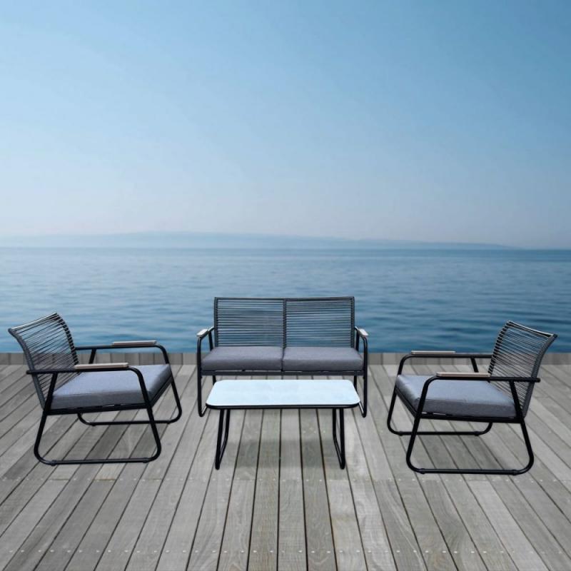 ROCCO Set Σαλόνι Κήπου 4τεμ, Μέταλλο Μαύρο,RopeWicker Γκρι, Μαξιλ.Σκούρο Γκρι, Γυαλί Μαύρο