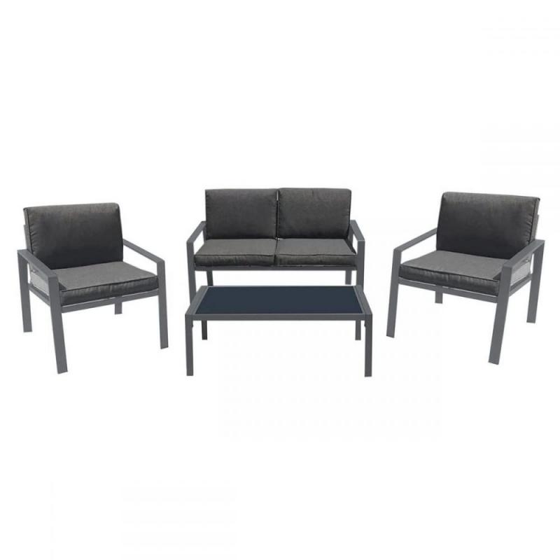 RIVIAN Set Σαλόνι Κήπου 4τεμ, Μέταλλο Βαφή Ανθρακί, Μαξιλάρια Γκρι