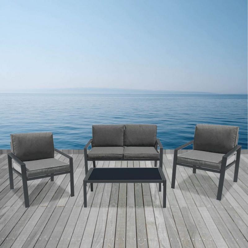 RIVIAN Set Σαλόνι Κήπου 4τεμ, Μέταλλο Βαφή Ανθρακί, Μαξιλάρια Γκρι