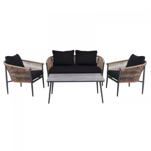 GASBA Set Σαλόνι Κήπου 4τεμ, Alu Ανθρακί, Rope Wicker Φυσικό, Μαξιλάρια Σκούρο Γκρι