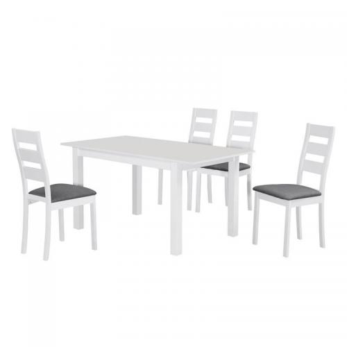MILLER Set Τραπεζαρία Κουζίνας Άσπρο, Ύφασμα Γκρι: Τραπέζι Επεκτεινόμενο + 4 Καρέκλες