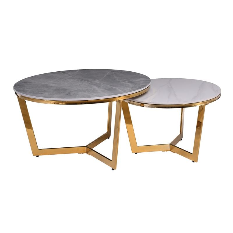 OTTO Set 2 Τραπεζάκια Σαλονιού , Χρώμιο Χρυσό, Sintered Stone Grey-White Marble OTTO Set 2 Τραπεζάκια Σαλονιού , Χρώμιο Χρυσό, Sintered Stone Grey-White Marble