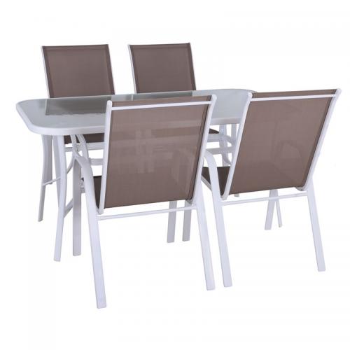 RIO Set Τραπεζαρία Κήπου Steel Άσπρο-Textilene Cappuccino : Τραπέζι + 4 Πολυθρόνες