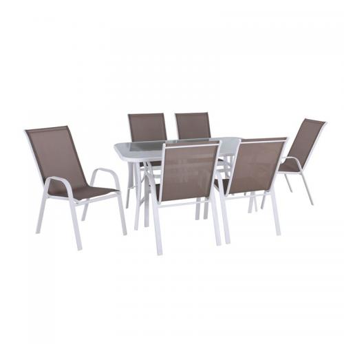 RIO Set Τραπεζαρία Κήπου Steel Άσπρο-Textilene Cappuccino : Τραπέζι+6 Πολυθρόνες