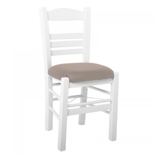 ΣΙΦΝΟΣ Καρέκλα Οξιά Βαφή Εμποτισμού Λάκα Άσπρο, Κάθισμα Pu Cappuccino