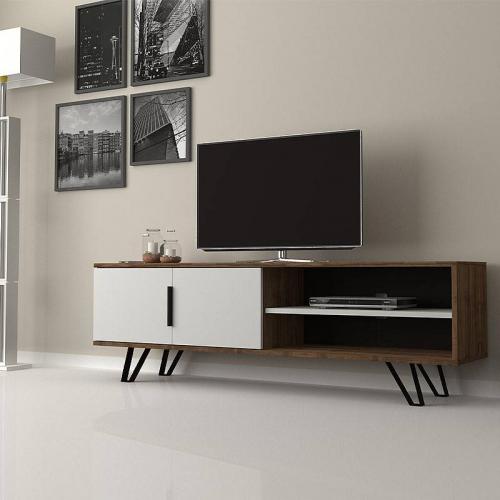 Έπιπλο τηλεόρασης Foot Megapap χρώμα καρυδί - λευκό 160x35x49εκ.