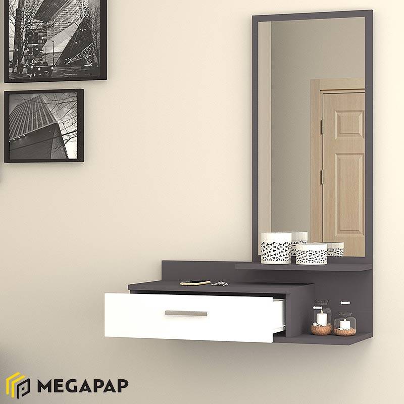 Έπιπλο εισόδου - τουαλέτα μελαμίνης Joy Megapap με καθρέφτη χρώμα γκρι - λευκό 80x35x116εκ.