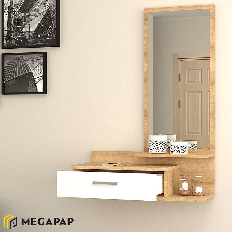 Έπιπλο εισόδου - τουαλέτα μελαμίνης Joy Megapap με καθρέφτη χρώμα sonoma - λευκό 80x35x116εκ.