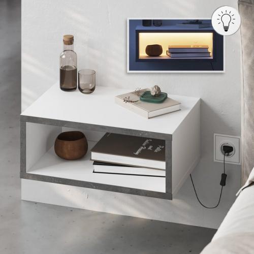 Κομοδίνο επιτοίχιο Brik Megapap με LED χρώμα λευκό - γκρι ρετρό 45x30x18εκ.