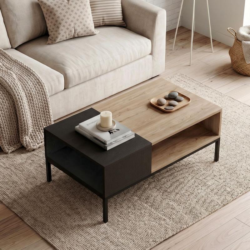 Τραπεζάκι σαλονιού Cailin Megapap χρώμα sepet oak - black wood 90x56x40,6εκ.