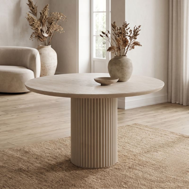 Τραπέζι Hazar Megapap Mdf χρώμα travertine - sandstone Ø119,5x76εκ. Τραπέζι Hazar Megapap Mdf χρώμα travertine - sandstone Ø119,5x76εκ.