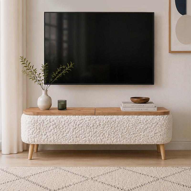 Έπιπλο τηλεόρασης Luno Megapap ύφασμα teddy χρώμα λευκό - pine oak 120x30x45εκ. Έπιπλο τηλεόρασης Luno Megapap ύφασμα teddy χρώμα λευκό - pine oak 120x30x45εκ.