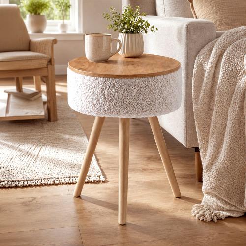 Τραπεζάκι βοηθητικό Luno Megapap ύφασμα teddy χρώμα λευκό - pine oak Ø33x50εκ.