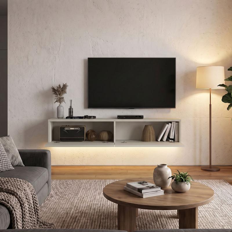 Έπιπλο τηλεόρασης επιτοίχιο Aristo Megapap με LED χρώμα sandstone 135x31,6x25εκ.