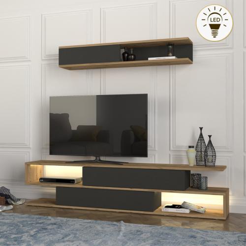 Σύνθεση τηλεόρασης Manet Megapap με LED χρώμα sepet oak - ανθρακί 180x29,5x39εκ.