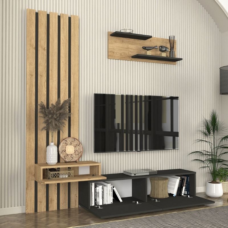 Σύνθεση τηλεόρασης Rosaline Megapap χρώμα ανθρακί - sepet oak 183x31,3x196,9εκ. Σύνθεση τηλεόρασης Rosaline Megapap χρώμα ανθρακί - sepet oak 183x31,3x196,9εκ.