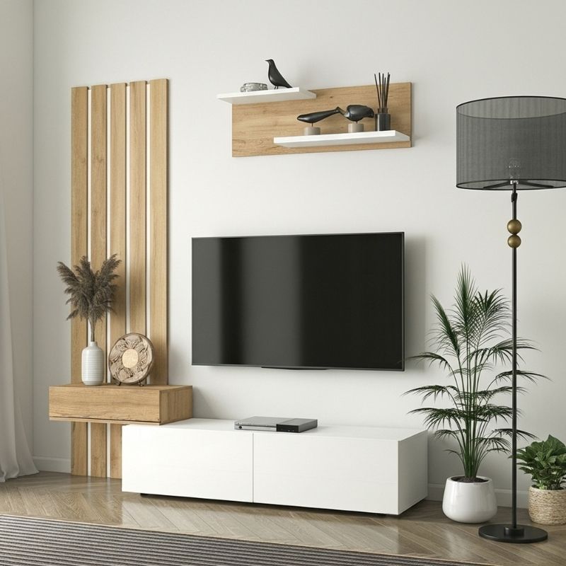 Σύνθεση τηλεόρασης Rosaline Megapap χρώμα λευκό - sepet oak 183x31,3x196,9εκ. Σύνθεση τηλεόρασης Rosaline Megapap χρώμα λευκό - sepet oak 183x31,3x196,9εκ.
