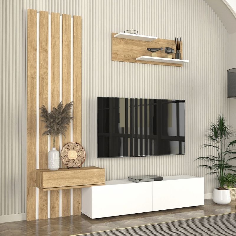 Σύνθεση τηλεόρασης Rosaline Megapap χρώμα λευκό - sepet oak 183x31,3x196,9εκ. Σύνθεση τηλεόρασης Rosaline Megapap χρώμα λευκό - sepet oak 183x31,3x196,9εκ.
