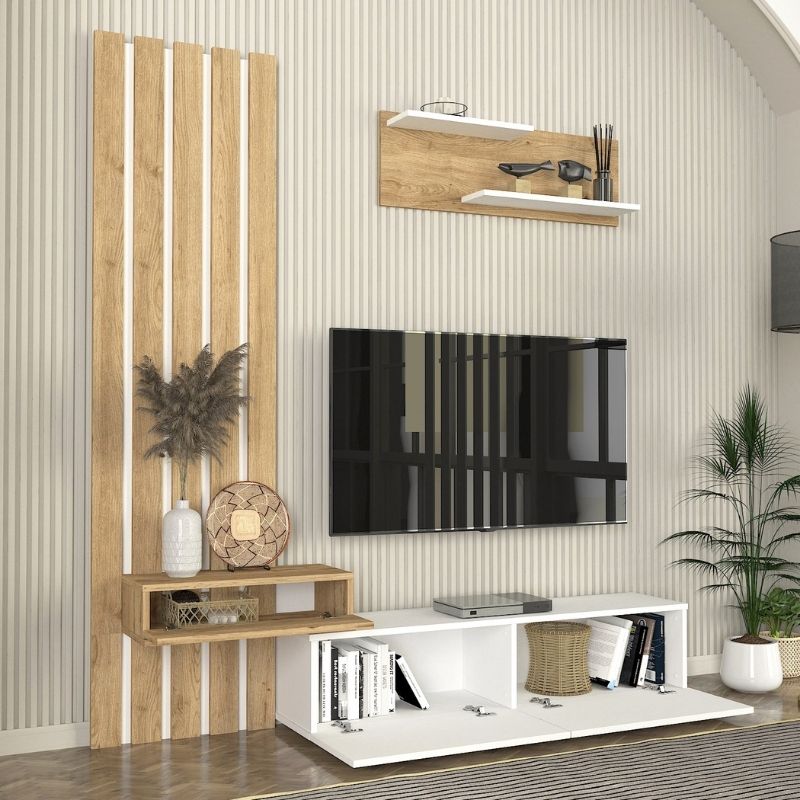 Σύνθεση τηλεόρασης Rosaline Megapap χρώμα λευκό - sepet oak 183x31,3x196,9εκ. Σύνθεση τηλεόρασης Rosaline Megapap χρώμα λευκό - sepet oak 183x31,3x196,9εκ.