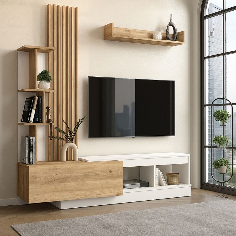 Σύνθεση τηλεόρασης Vermont Megapap χρώμα λευκό - sepet oak 180x40x193,8εκ.