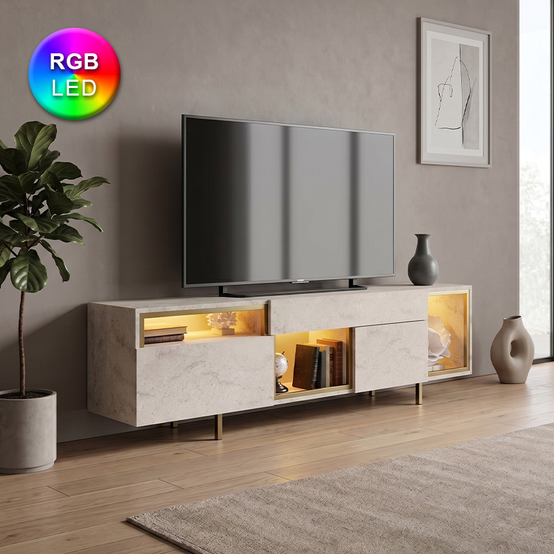 Έπιπλο τηλεόρασης Norm Megapap με Led Rgb χρώμα travertine - χρυσό 180x32x55εκ. Έπιπλο τηλεόρασης Norm Megapap με Led Rgb χρώμα travertine - χρυσό 180x32x55εκ.