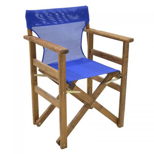 Πολυθρόνα σκηνοθέτη Klara Megapap ξύλινη μασίφ οξιά χρώμα καρυδί εμποτισμού με διάτρητο μπλε πανί 61x51x86εκ.
