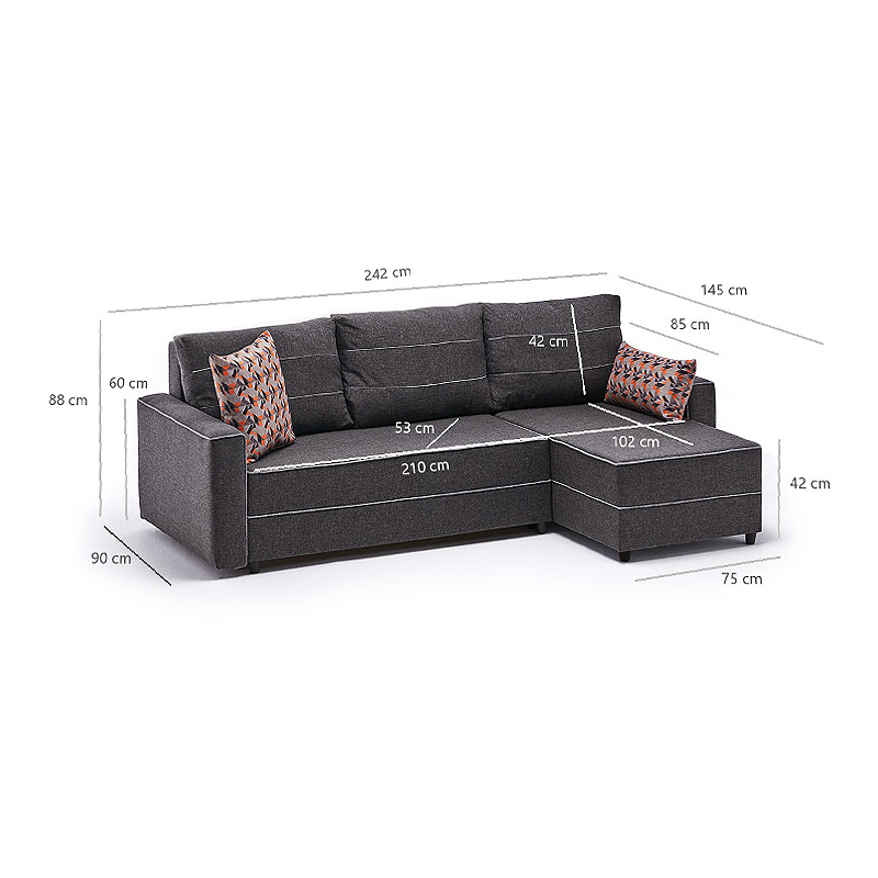 Γωνιακός καναπές - κρεβάτι Ece Megapap δεξιά γωνία υφασμάτινος με αποθηκευτικό χώρο χρώμα ανθρακί 242x150x88εκ.