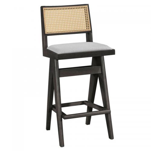 Σκαμπό bar Winslow pakoworld ξύλο rubberwood μαύρο-pvc rattan φυσικό-ύφασμα γκρι 44.5x46x98εκ