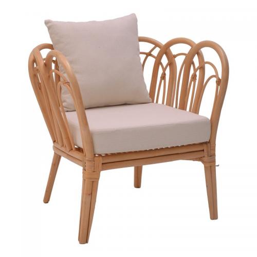 Πολυθρόνα Tania pakoworld φυσικό rattan-λευκό μαξιλάρι 76x76x76εκ